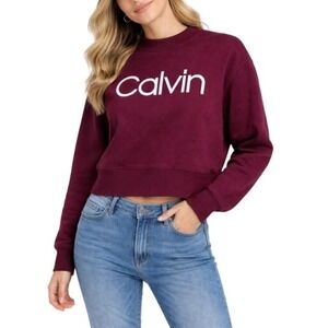 Calvin Klein Women's Burgundy Fleece Crew Spell Out Logo Crop Sweatshirt Size M